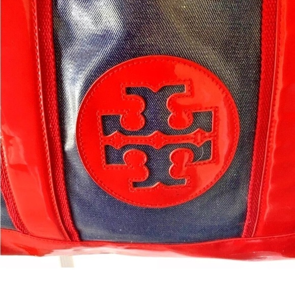 Tory Burch Large Purse Shoulder Bag Tote Black Red Logo Floral Lined Zip Pockets - Picture 7 of 8